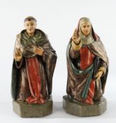 Paar Skulpturen, "Franz und Klara von Assisi", Holz geschnitzt, unsigniert, 34.5 x 18 x 17 cm
