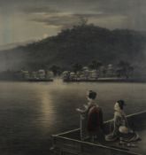 2 Textilbilder, "Ansicht des Fuji", "Frauen auf Seeterrasse", Japan, um 1900, Farbe und Tusche auf 