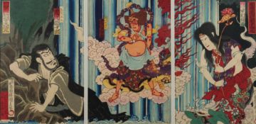 Farbholzschnitt, "Triptychon", Japan, um 1889, Toyohara Kunichika (1835-1900), Kochoro Hosai (1848-