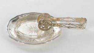 Anbiettellerchen, Zange, Silber 800, deutsch, Tellerchen mit farblosem Glaseinsatz (Randchip), durc