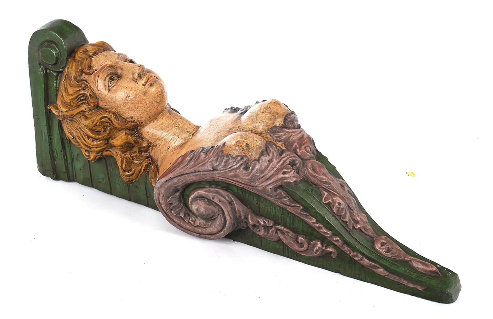 Weibliche Galionsfigur, 20. Jh., Holz geschnitzt und polychrom gefasst, H. 89 cm - Bild 2 aus 2