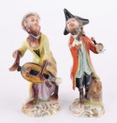 2 Porzellanfiguren, "Paukenschläger", "Drehleierspielerin", Aelteste Volkstedter Porzellanfabrik, M