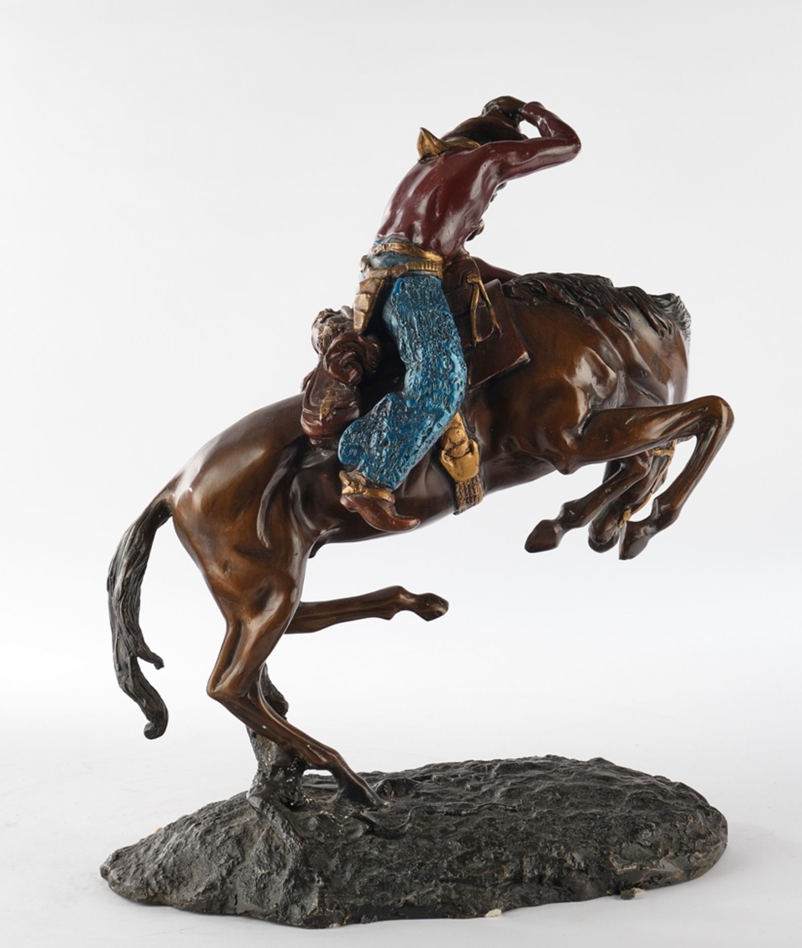 Bronze, farbig gefasst, "Cowboy auf scheuendem Pferd (Schlange)", H. ca. 50 cm - Bild 3 aus 4