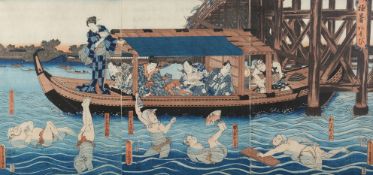 Farbholzschnitt, "Gokusho Asobi", Triptychon, Japan, 19. Jh., Utagawa Kunisada (1786-1864), ein Ver