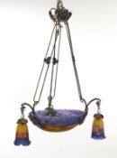Deckenlampe, Jugendstil, Muller Frères, Luneville, 1920er Jahre, drei blütenförmige Glasschirme und