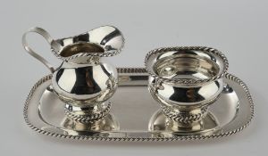 Sahnegießer, Zuckerschale, Tablett, Silber 835, deutsch, Kordelrand, 5-8.5 cm hoch, 22.5 x 13 cm, z