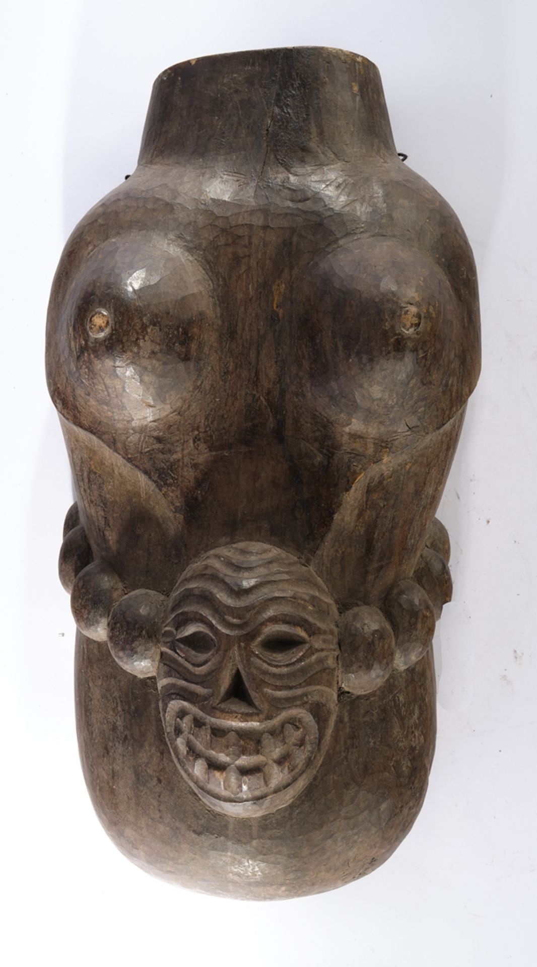 Leibmaske, weiblich, Makonde, Tansania, Afrika, Holz, braun, Bauchkette mit Totenkopf, geschnitzt, 