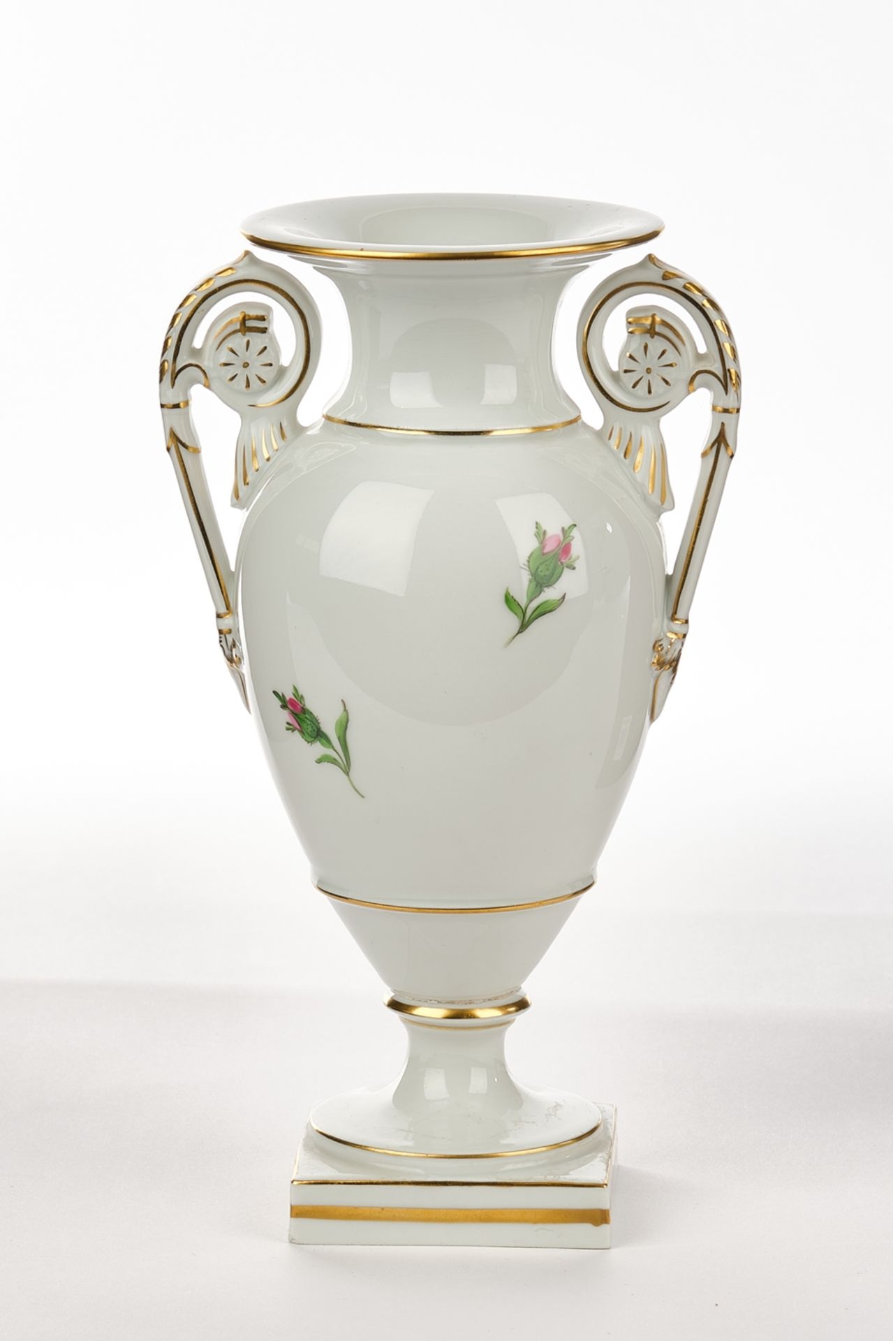 Vase, Meissen, Schwertermarke, 2. Wahl, rote Rose, Golddekor, Amphorenform, 23 cm hoch, kleiner Chi - Bild 2 aus 3