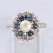 Ring, WG 585, 1 zentrale Perle, 6 Saphire, ca. 2.76 g, RM 50