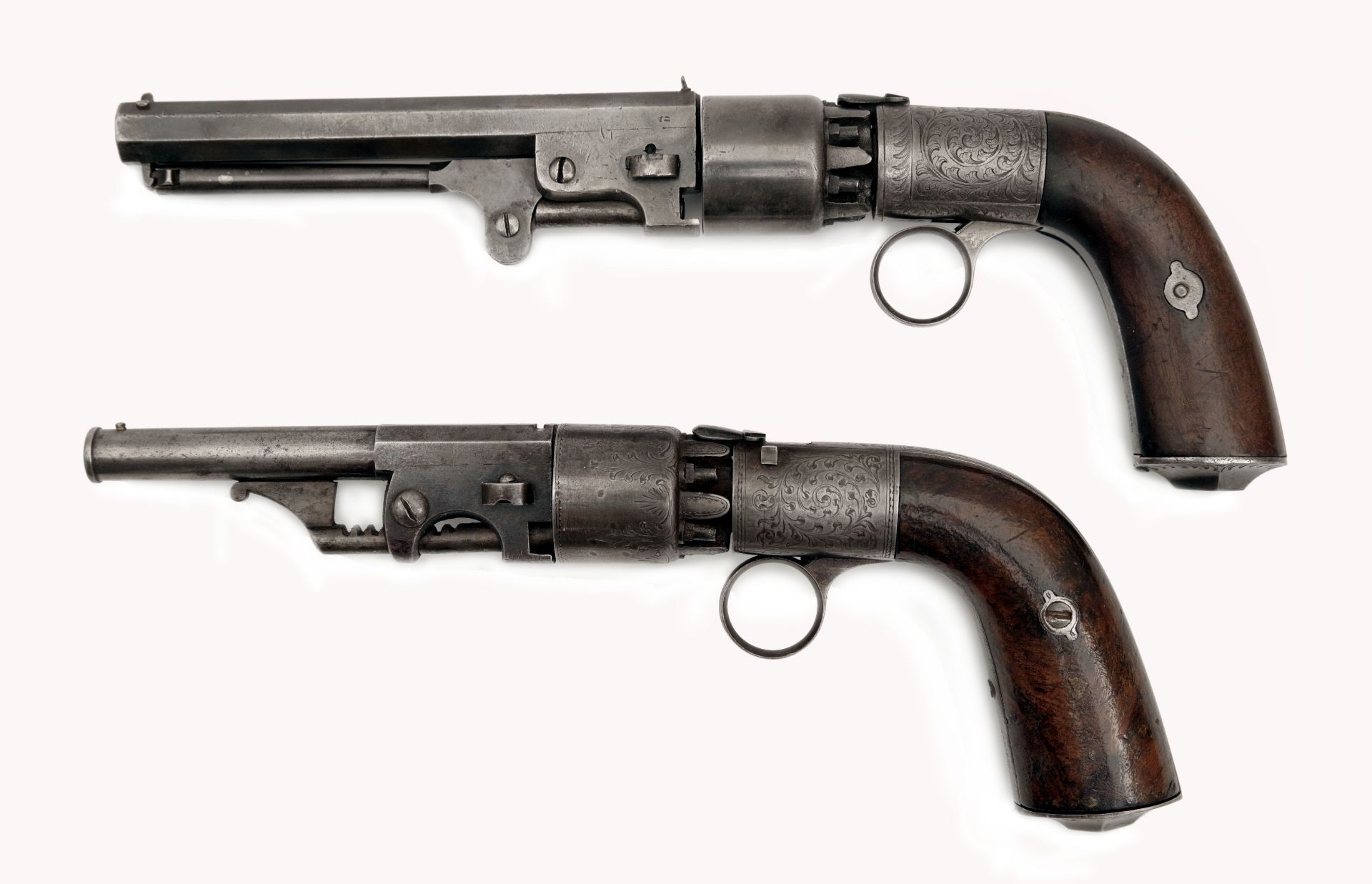 Two Rare and Unusual Transitional Percussion Revolvers by J. Herman in Liege (1st and 2nd Model)