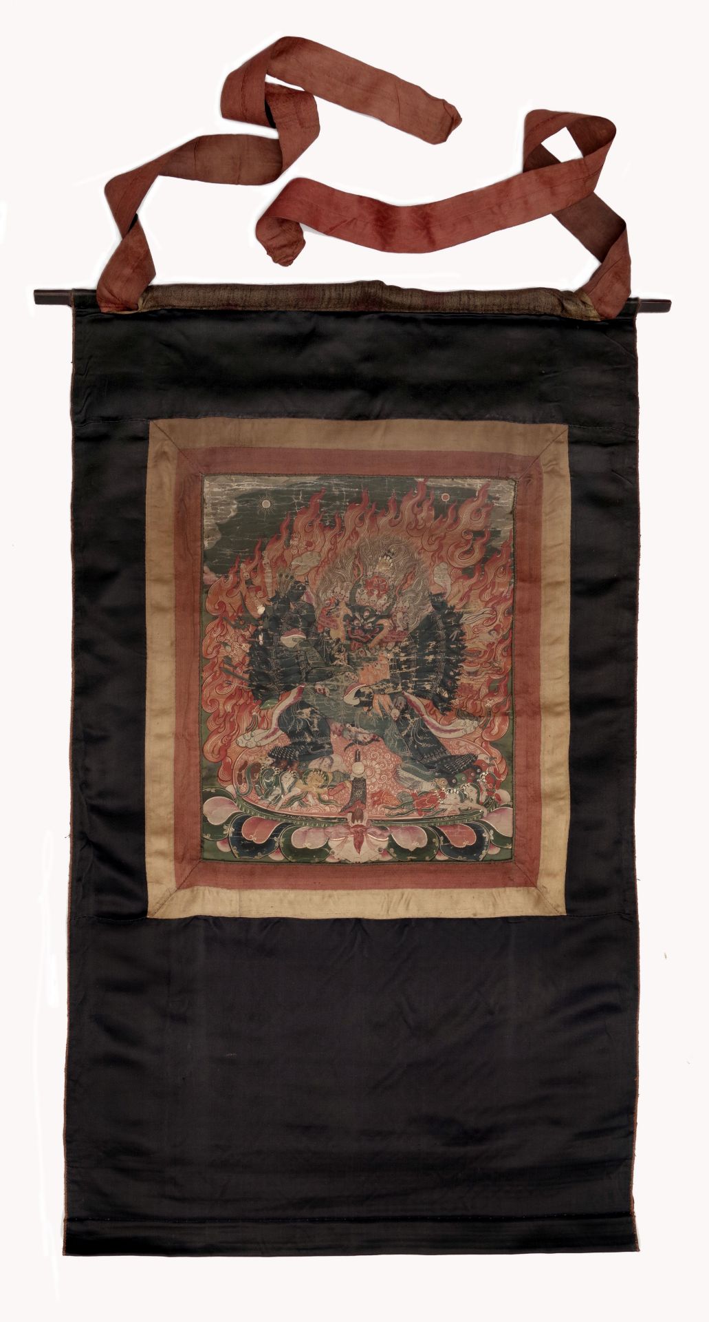 Eine Thangka-Malerei, die Gottheit Yamantaka/Vajrabhairava mit seiner Begleiterin Vajravetali darste