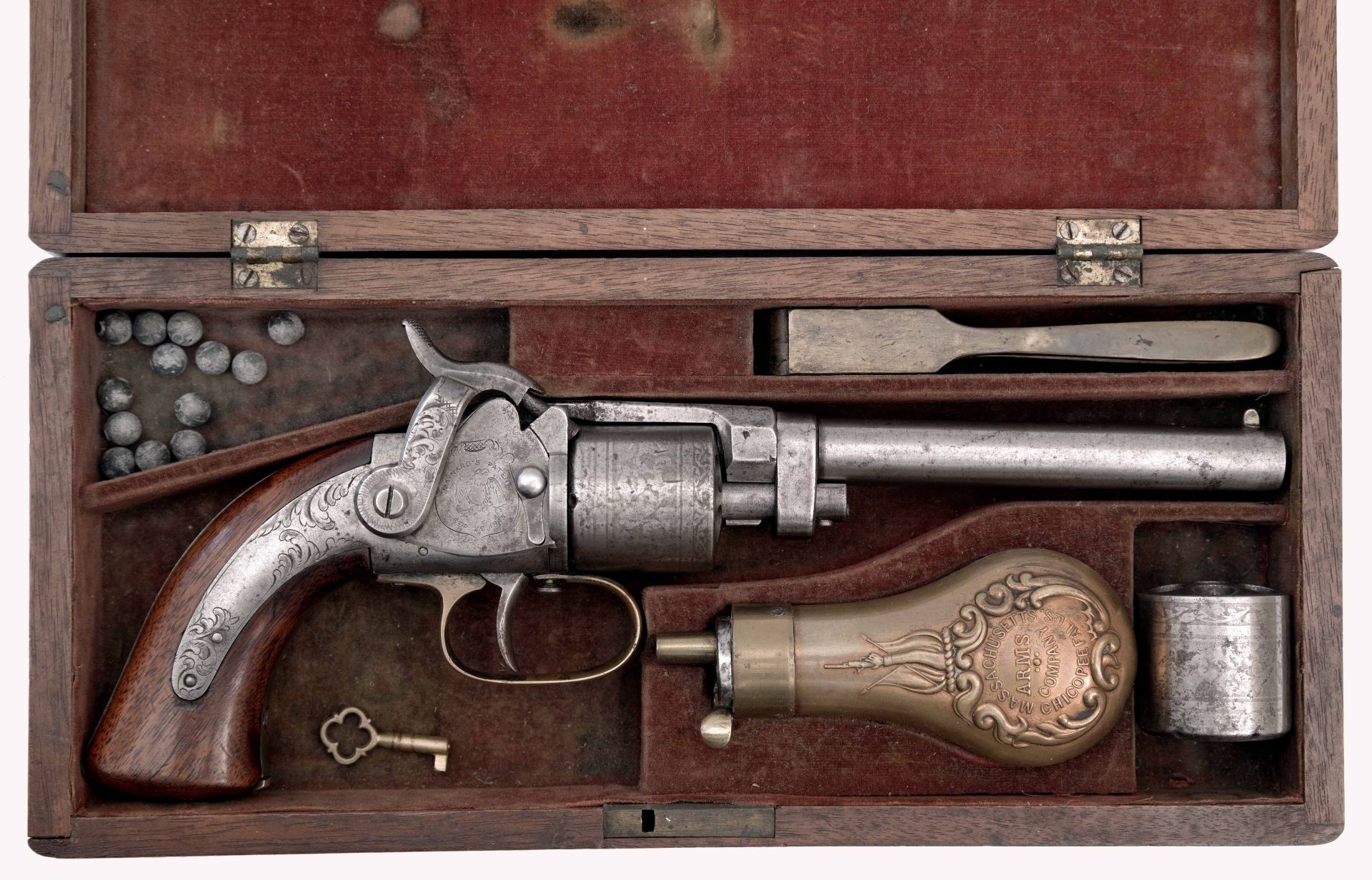 Cased and Engraved Mass. Arms Co. Maynard Primed Revolver - Image 2 of 6