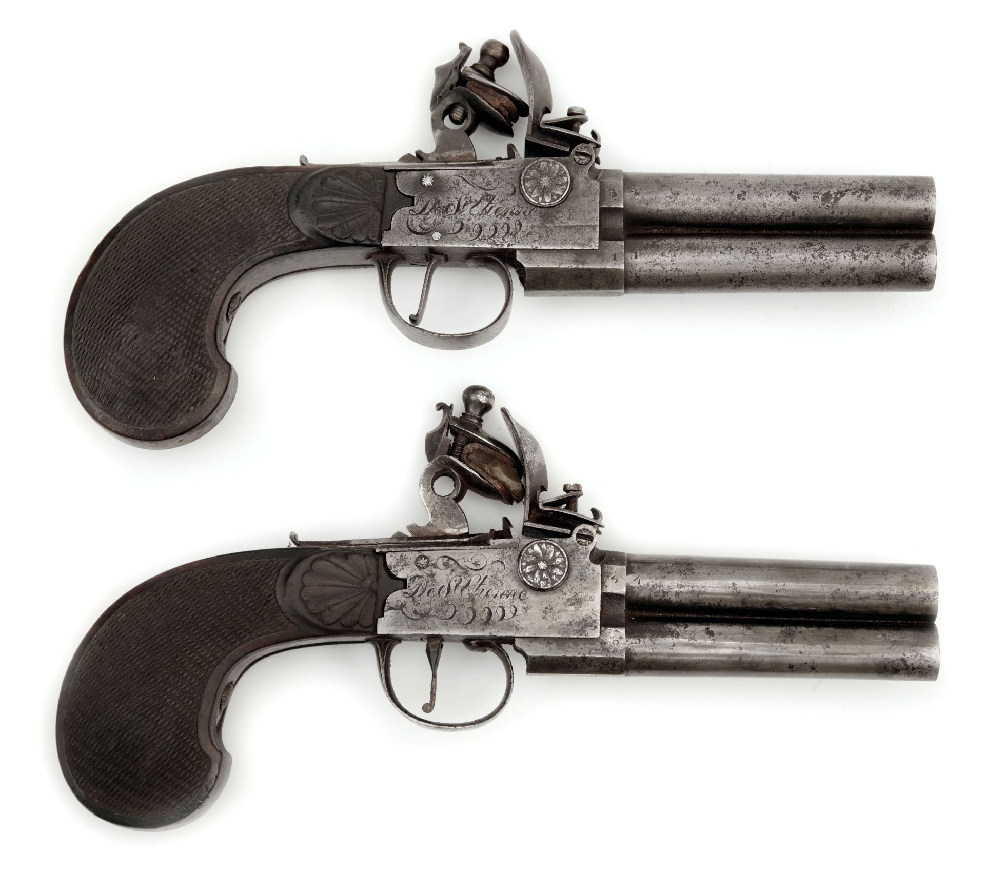 A Cased Pair of Double-Barreled Flintlock Pocket Pistol by Antoine Dumarest - Image 3 of 5