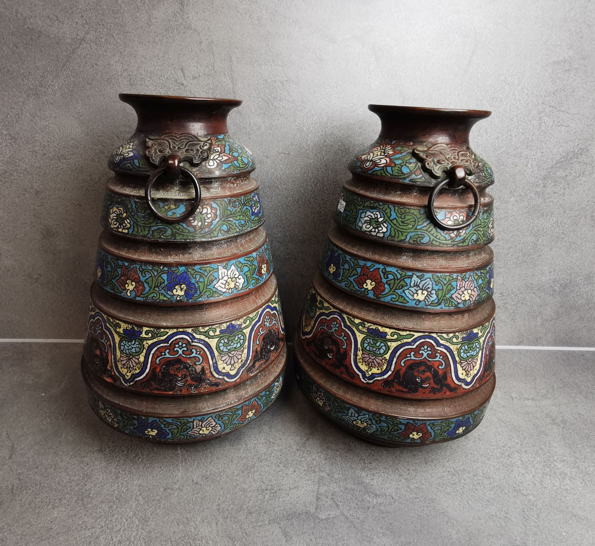 BRONZE VASES WITH DRAGON HANDLES