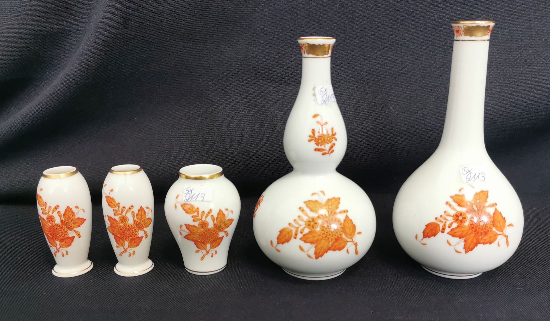 5 HEREND VASES "APPONYI ORANGE"