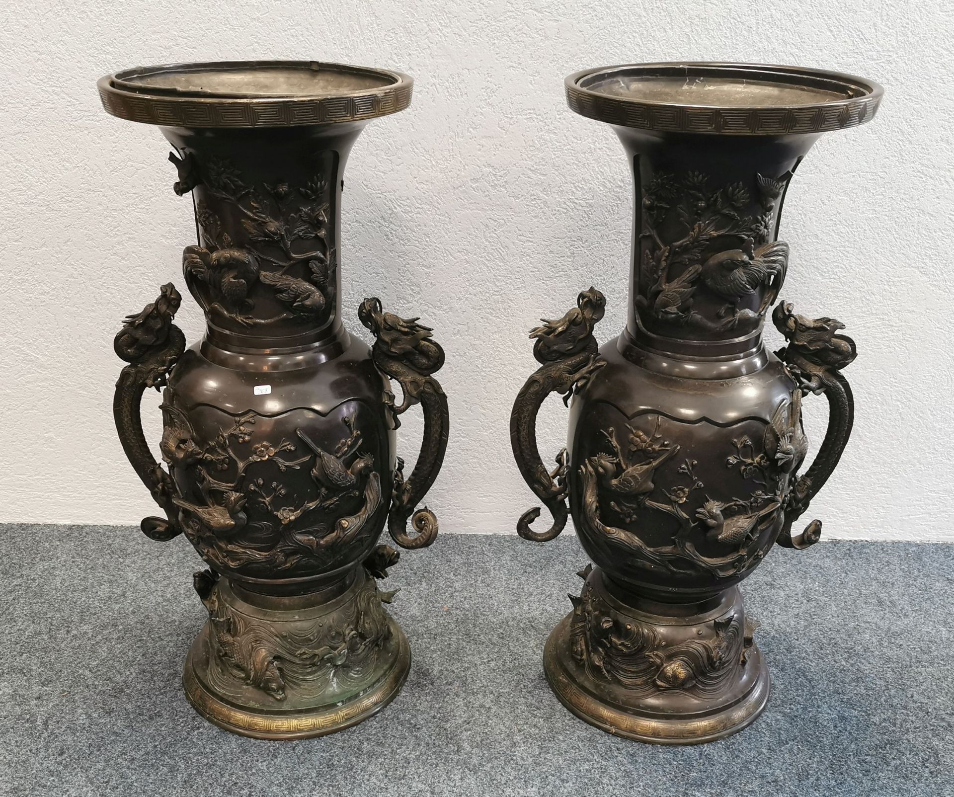 BRONZE VASES WITH DRAGON HANDLES