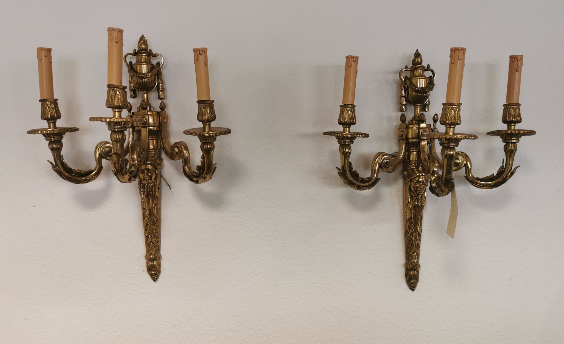 2 SPLENDID THREE-LIGHT SCONCES IN THE FORMAL LANGUAGE OF THE EMPIRE