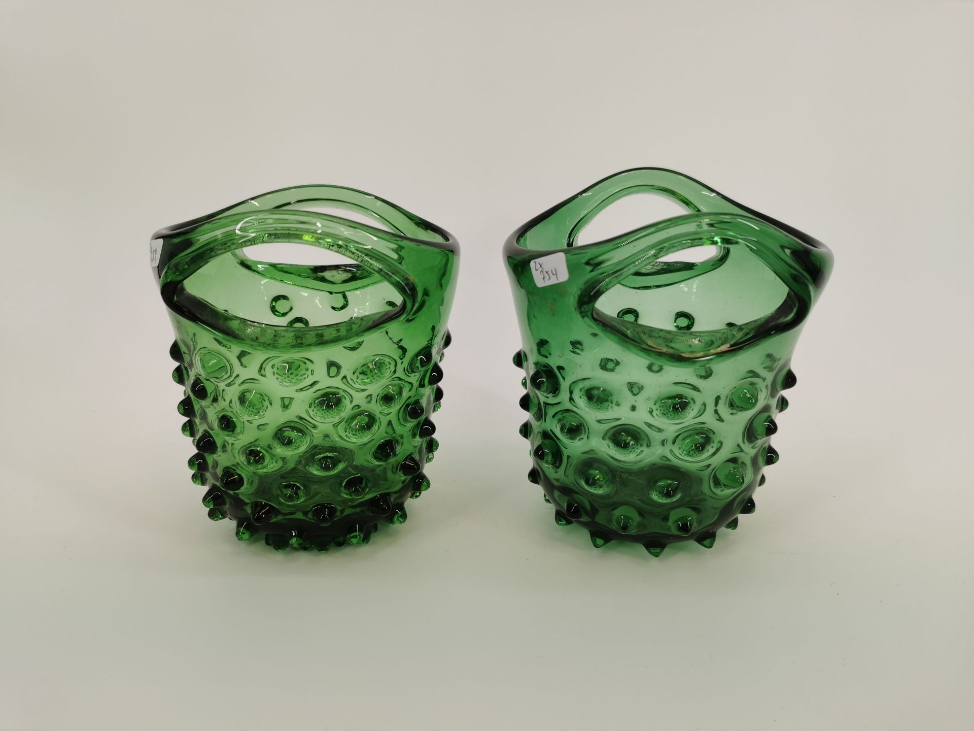 2 BURL GLASS HANDLED VASES - Image 2 of 4