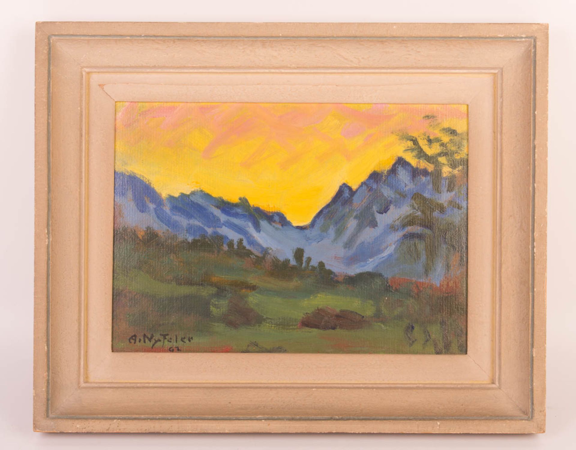 Signiert A. NyFeler, 'Vor Sonnenaufgang', Öl auf Holz, Schweiz 1962.