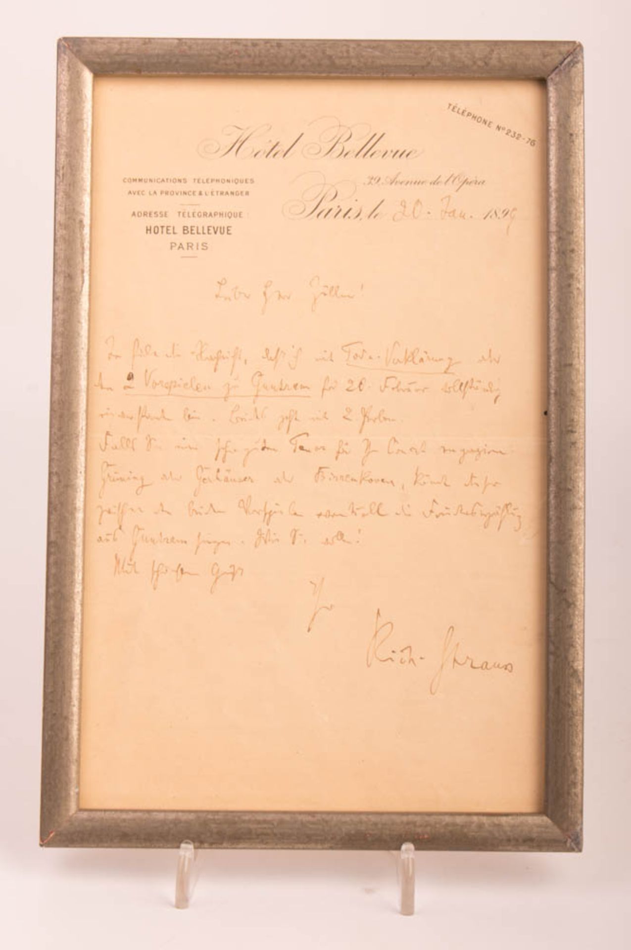 Handgeschiebener Brief Richard Strauss, Paris den 20. Januar 1894.