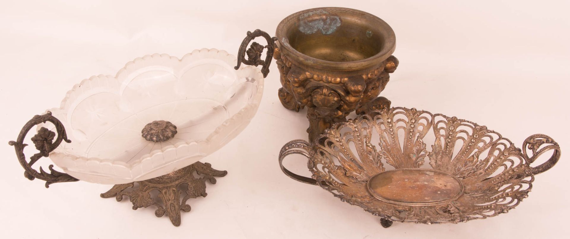 Three centerpieces, crystal glass and sheet metal, beginning of 20th century.