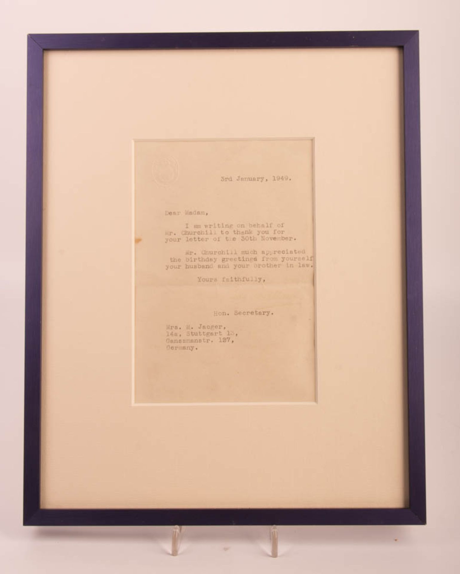 Brief des Secretary Mr. Churchill, 3. Januar 1949.