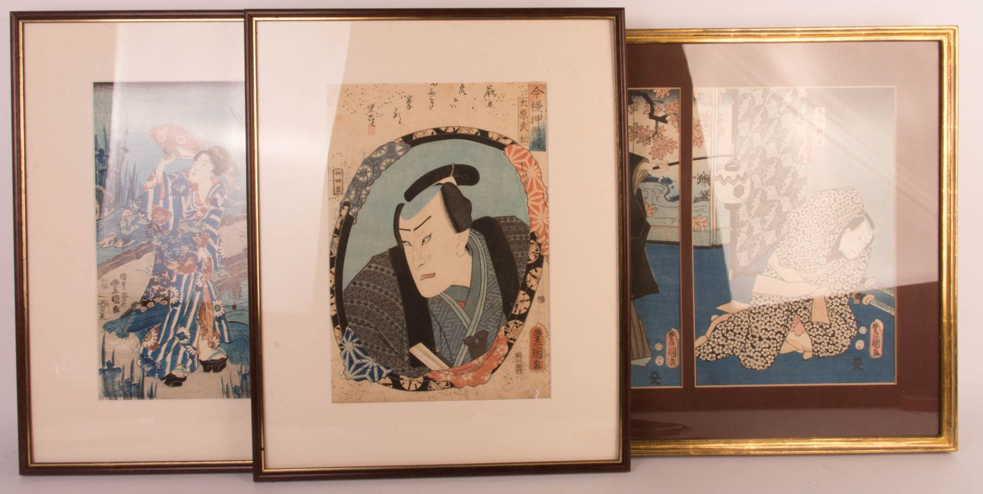 Utagawa Kunisada/ Toyokuni III, drei Farbholzschnitte, 19. Jhd.