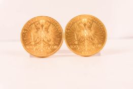 Österreich zwei mal 100 Kronen, 1915 Goldmünze