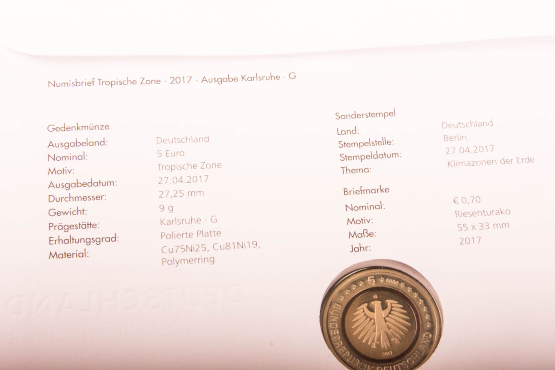 Bund 2017 5 Euro A - D - F - G - J, Tropische Zone mit Polymerring im Numisbrief - Bild 6 aus 6