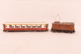 Ferro Suisse, Ellok Ge 2/4 - 222 der RhB, Messing-Handarbeitsmodel.mit Salonwagen A 1142 H0m. ohne O