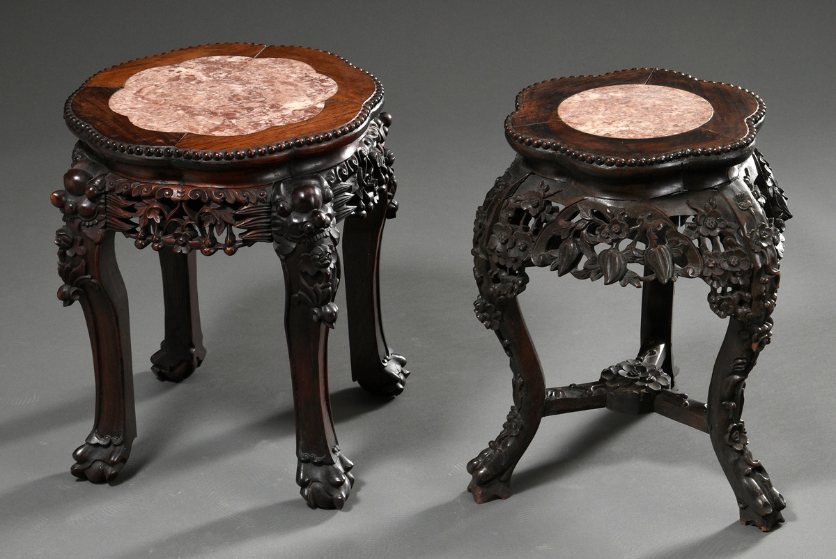 2 Various round redwood stools with richly carved frames and reddish marble tops, late 19th c., h.  - Image 6 of 9