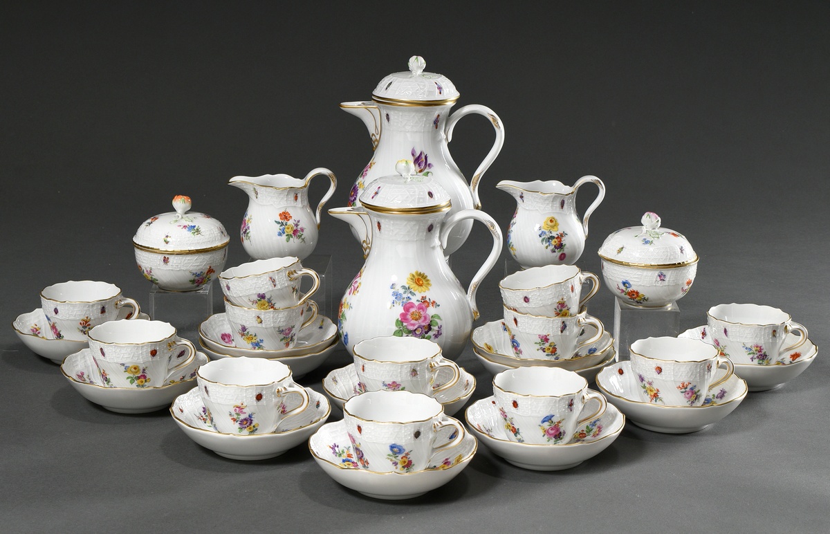 18 pieces Meissen mocha service "flower painting with insects" with Neubrandenstein relief, 20th ce - Image 2 of 6