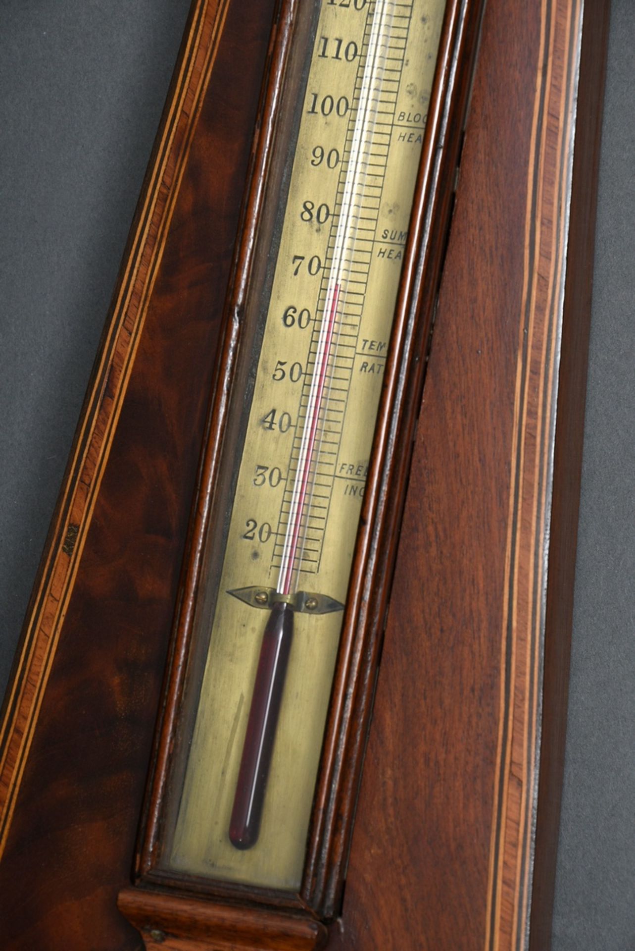 Mahagoni Banjo Barometer, bez.: J. Spelzini/Brooks Market, England 1. Hälfte 19.Jh., H. 107cm - Bild 4 aus 6