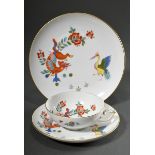 2 Teile Meissen Teegedeck mit polychromem Kakiemon Dekor "Roter Drache und Kranich" sowie Goldrand,