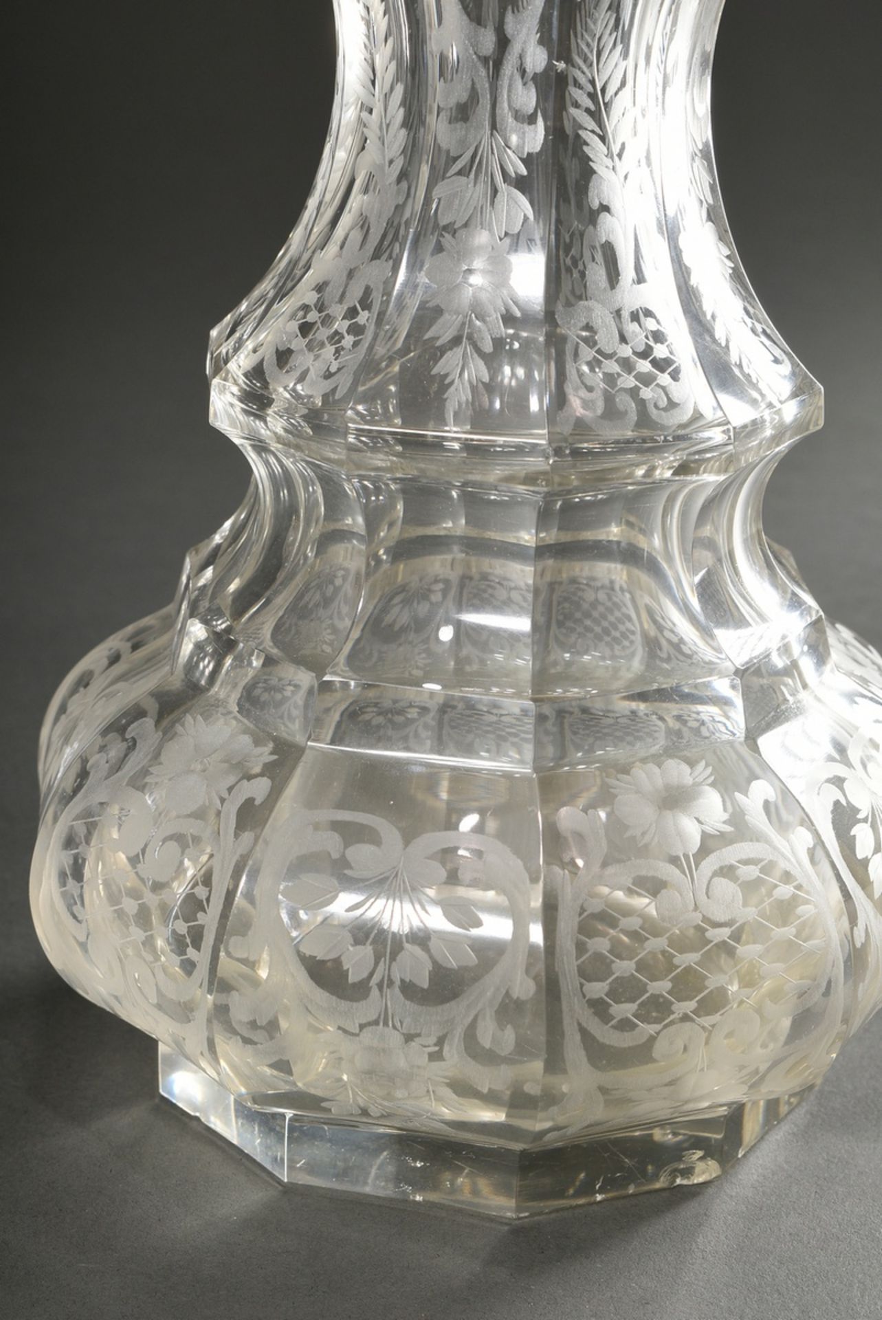 Pair of opulent crystal carafes in faceted baluster form with floral ornamental cut and silver 800  - Image 4 of 7