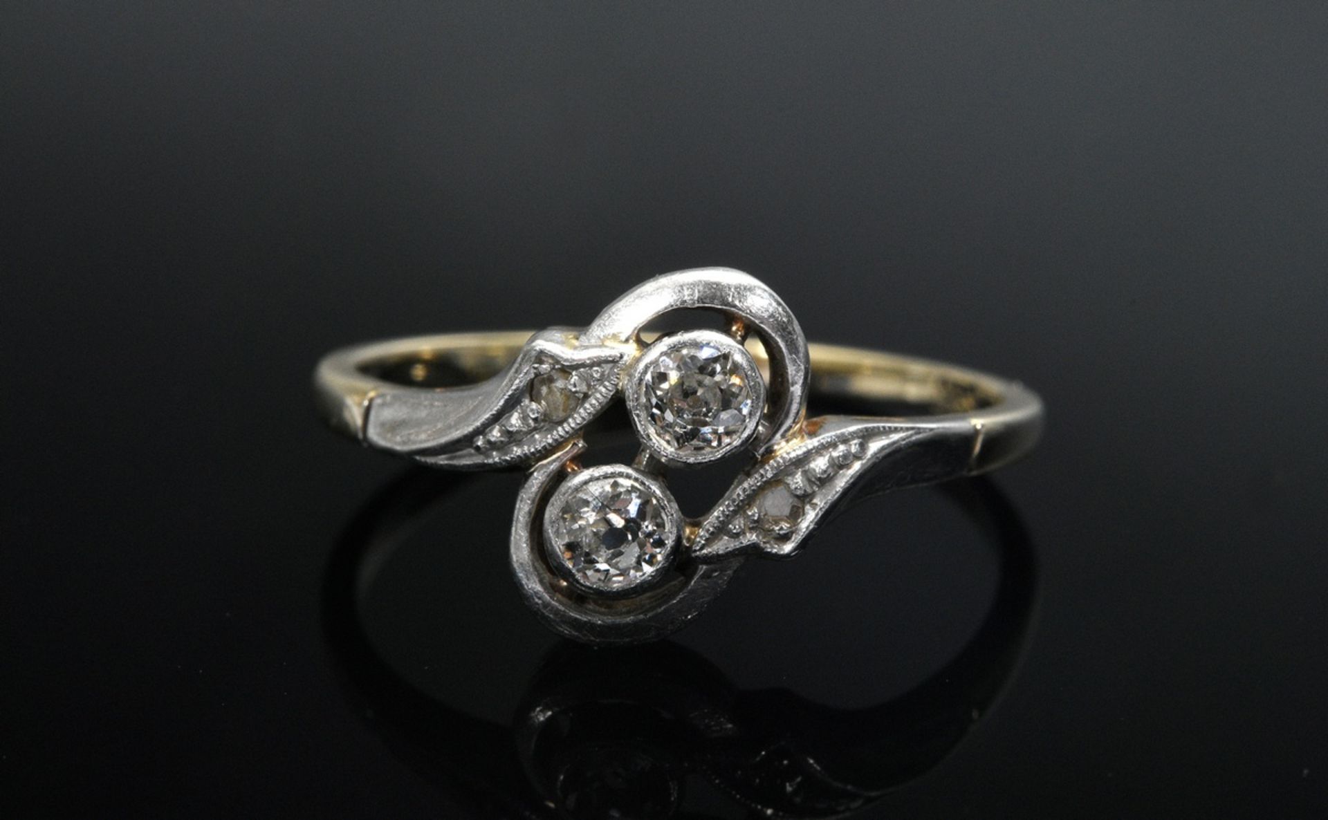 Yellow gold 585/platinum "Toi et moi" ring with 2 old-cut diamonds and diamond roses each (together - Image 3 of 4