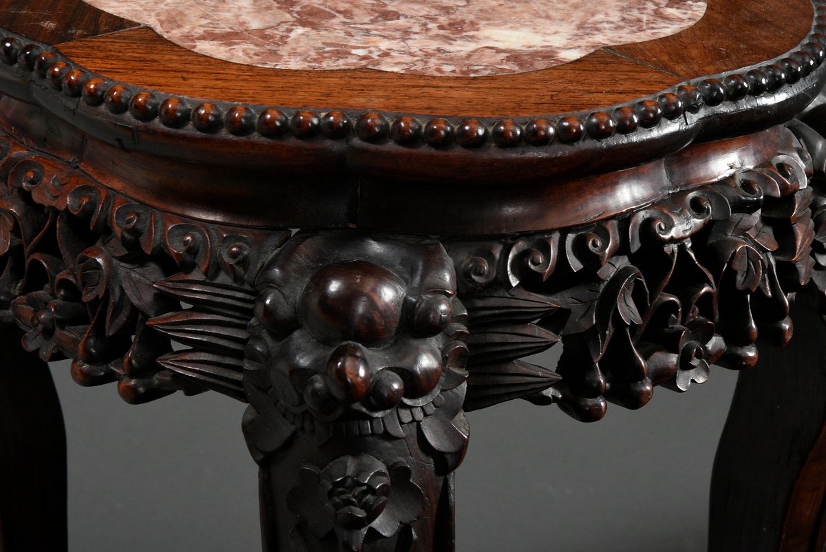 2 Various round redwood stools with richly carved frames and reddish marble tops, late 19th c., h.  - Image 5 of 9