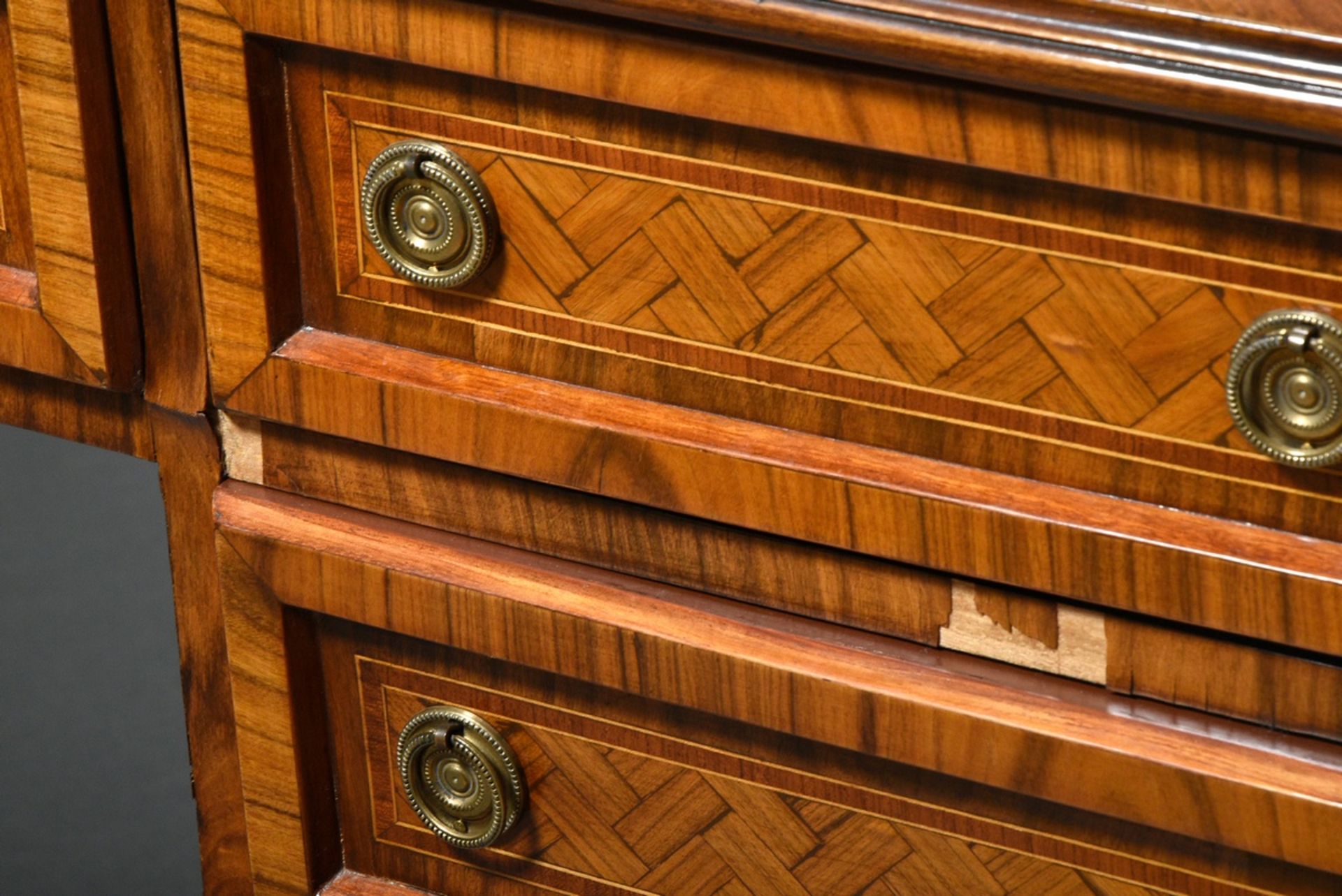 Representative free standing desk in Louis XVI style with herringbone veneer and gold punched leath - Image 7 of 12