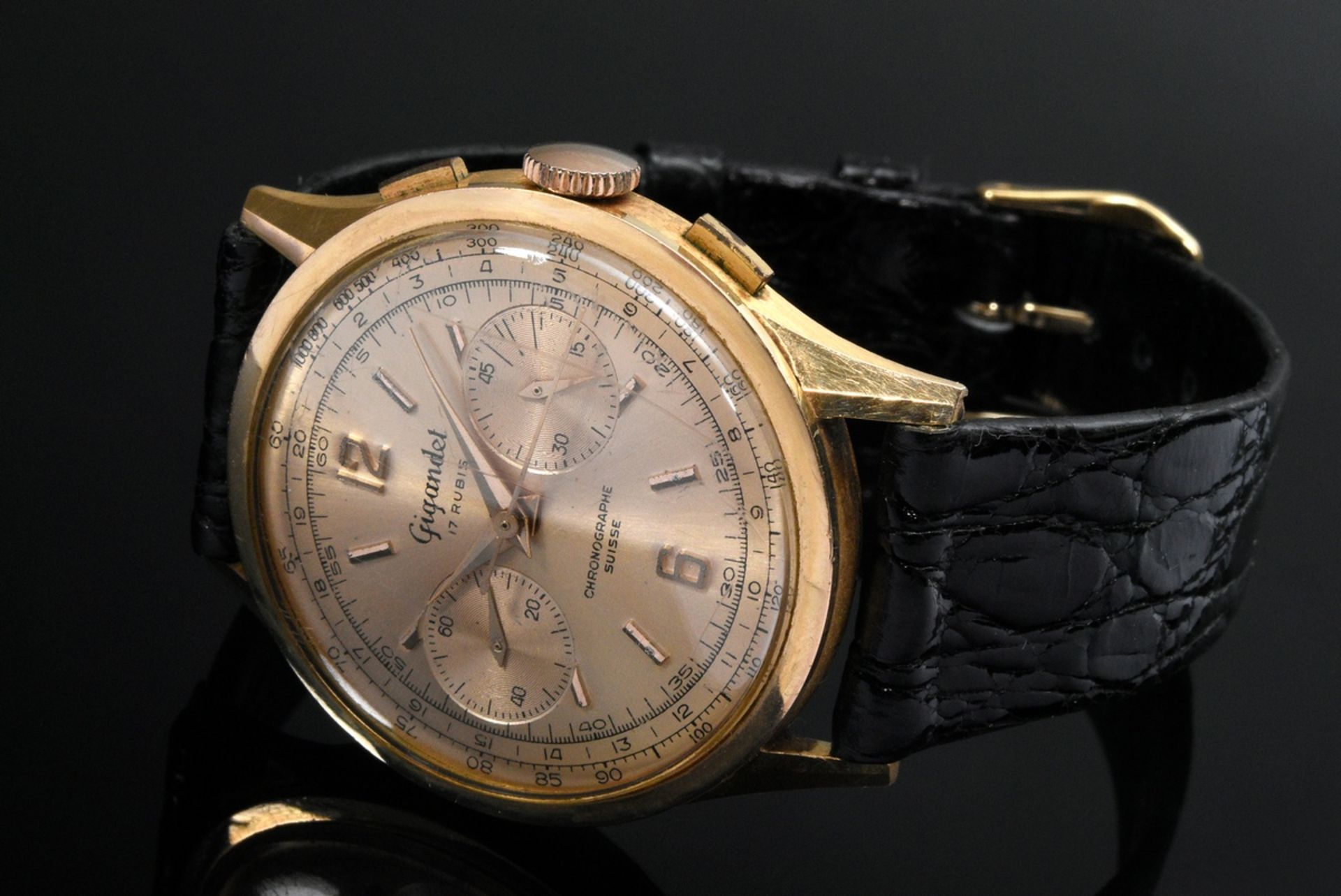 Gelbgold 750 Gigandet Swiss Chronograph, Handaufzug, 2 vergoldete Totalisatoren für Sekunden und Mi - Bild 2 aus 5