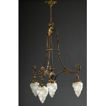 Gründerzeit Deckenlampe mit 4 mattierten "Flammen" Glaskuppeln an Messing Gestell mit floralen Deko