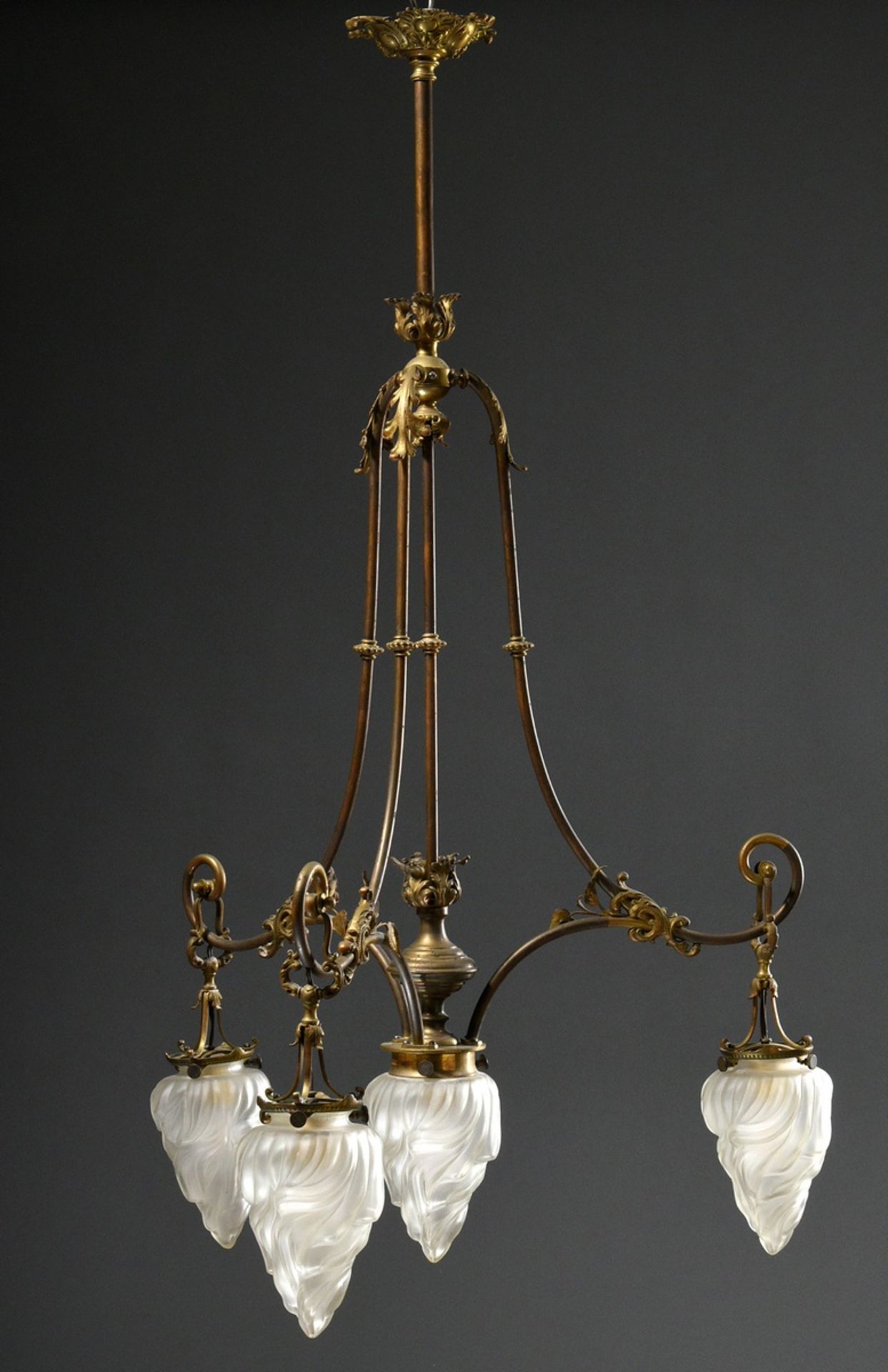 Wilhelminian period ceiling lamp with 4 frosted "flames" glass domes on brass frame with floral dec