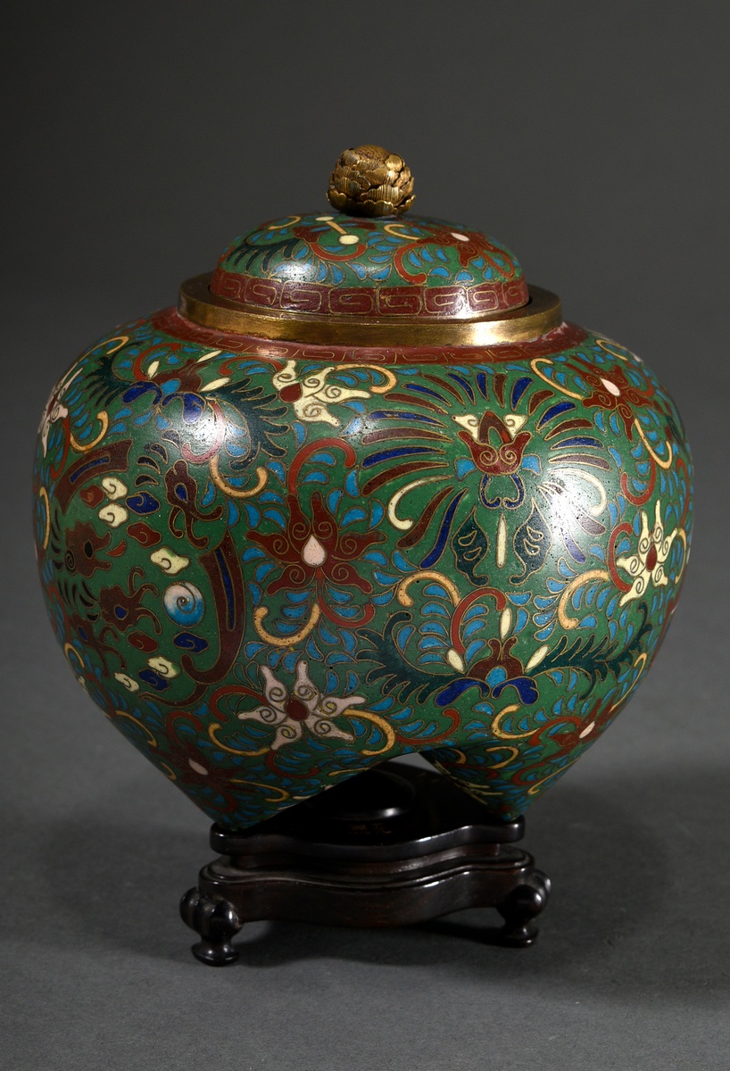 Japanese cloisonné tripod lidded pot with fire-gilt bronze flower knob, bottom signed, matching bla - Image 2 of 10