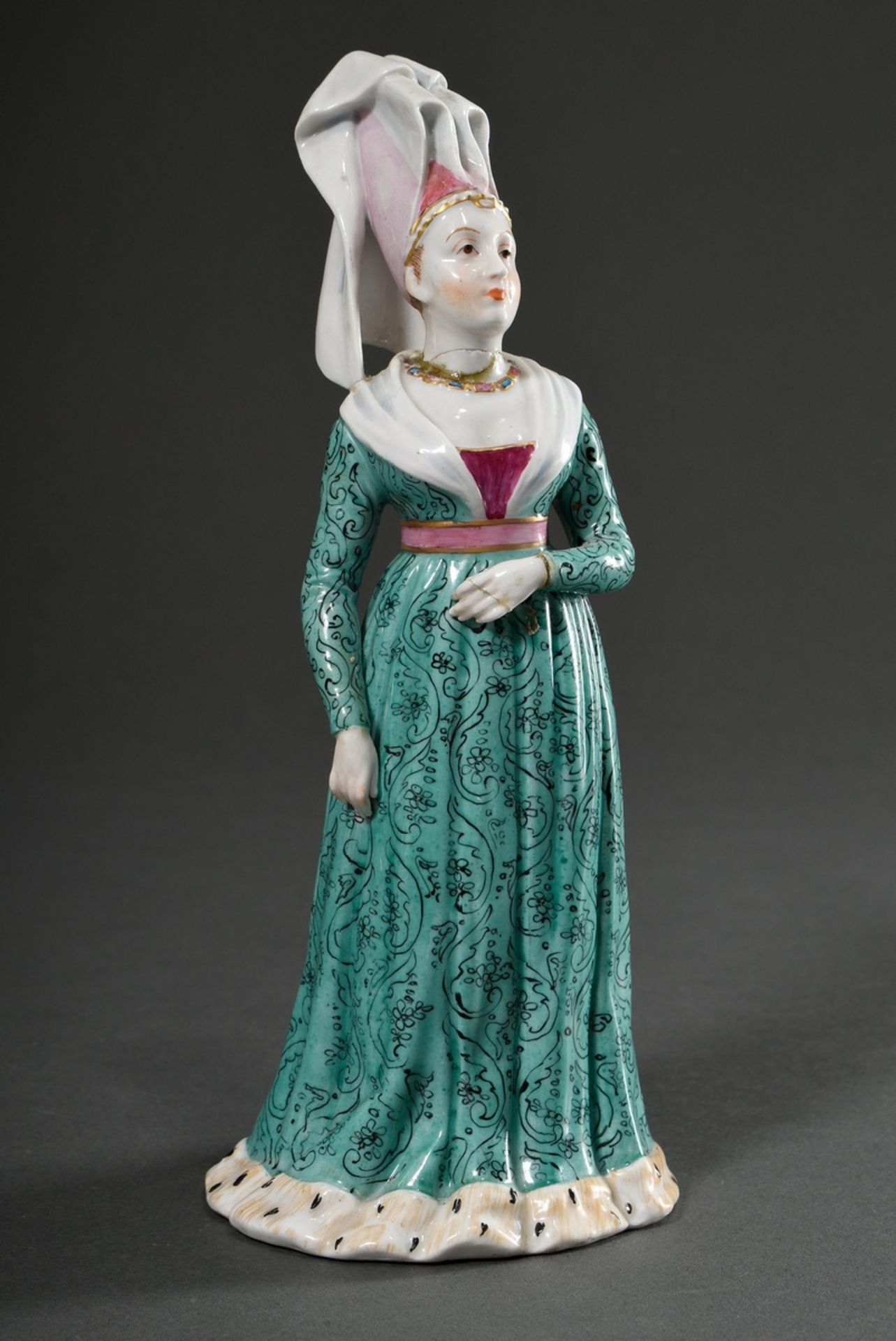 Rare porcelain figurine "Suivante de Isabeau de Bavière" (Elisabeth of Bavaria), polychrome painted - Image 2 of 7