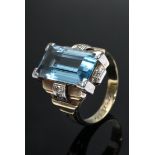 Gelbgold 585 Art Deco Ring mit Aquamarin (ca. 6.3ct) und Achtkantdiamanten (zus. ca. 0.14ct/SI-P1/T