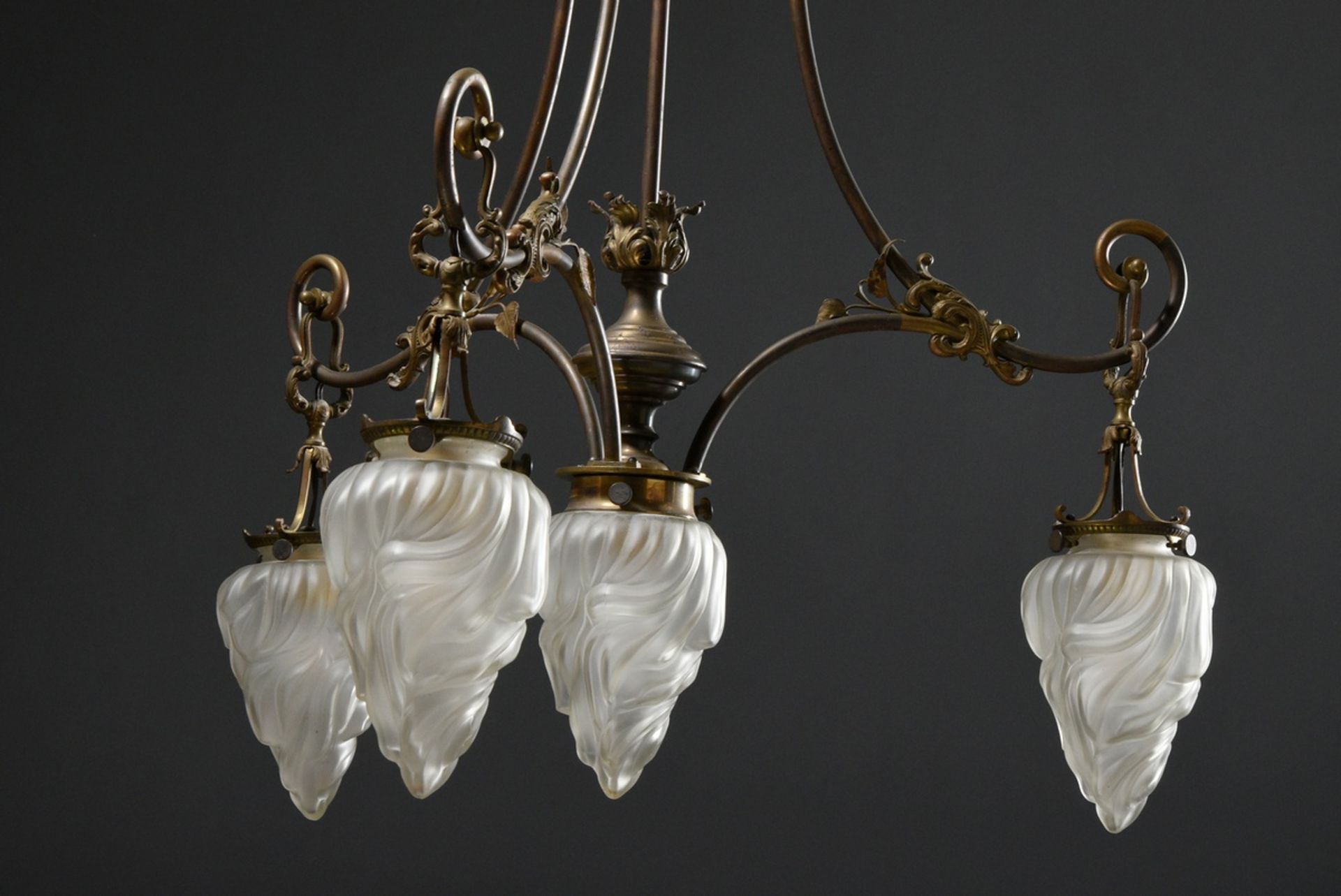Wilhelminian period ceiling lamp with 4 frosted "flames" glass domes on brass frame with floral dec - Image 8 of 12