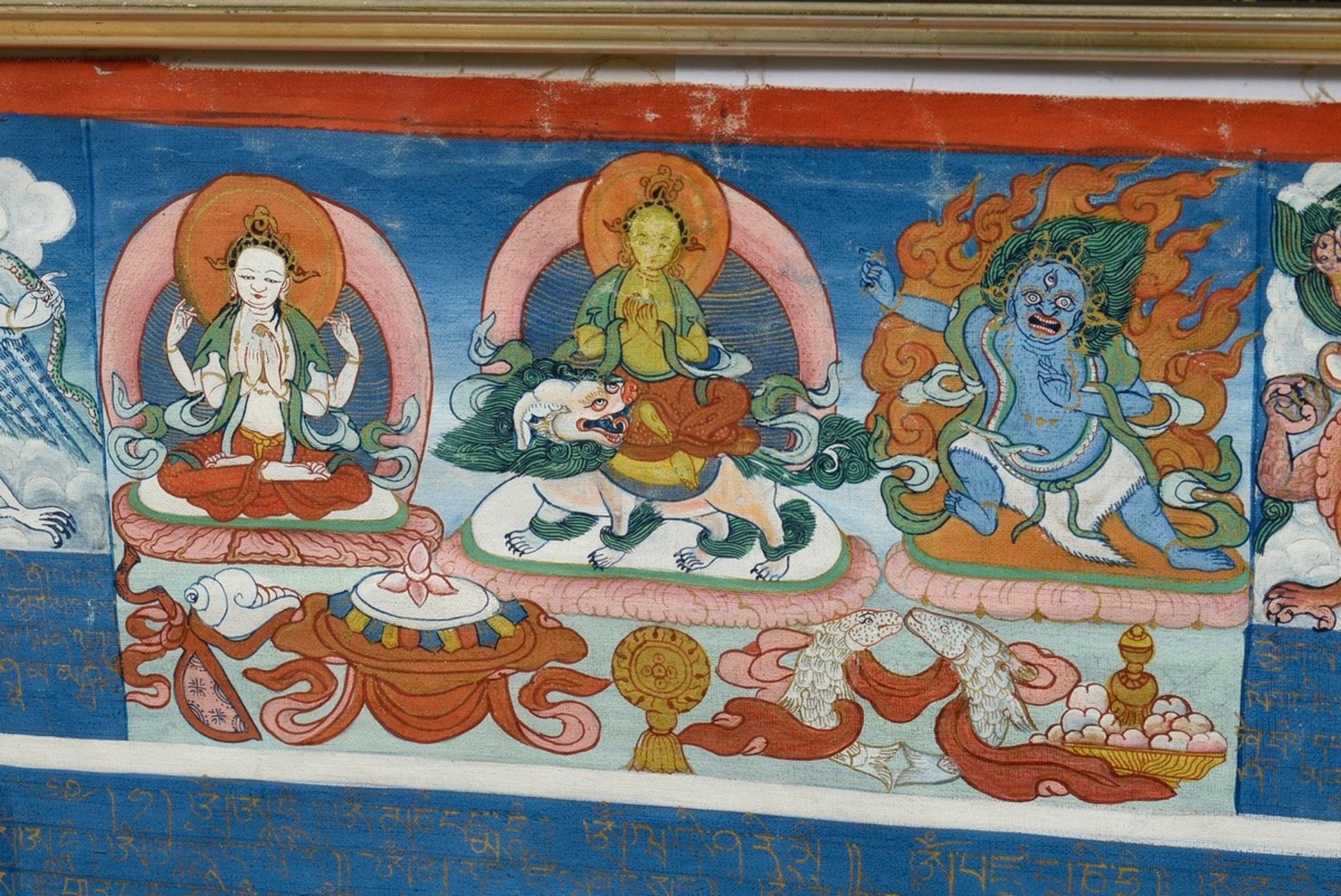 Tibetan thangka with central "Wind Horse" depiction, framed by prayer texts, Buddhist symbols, Bodh - Image 2 of 5