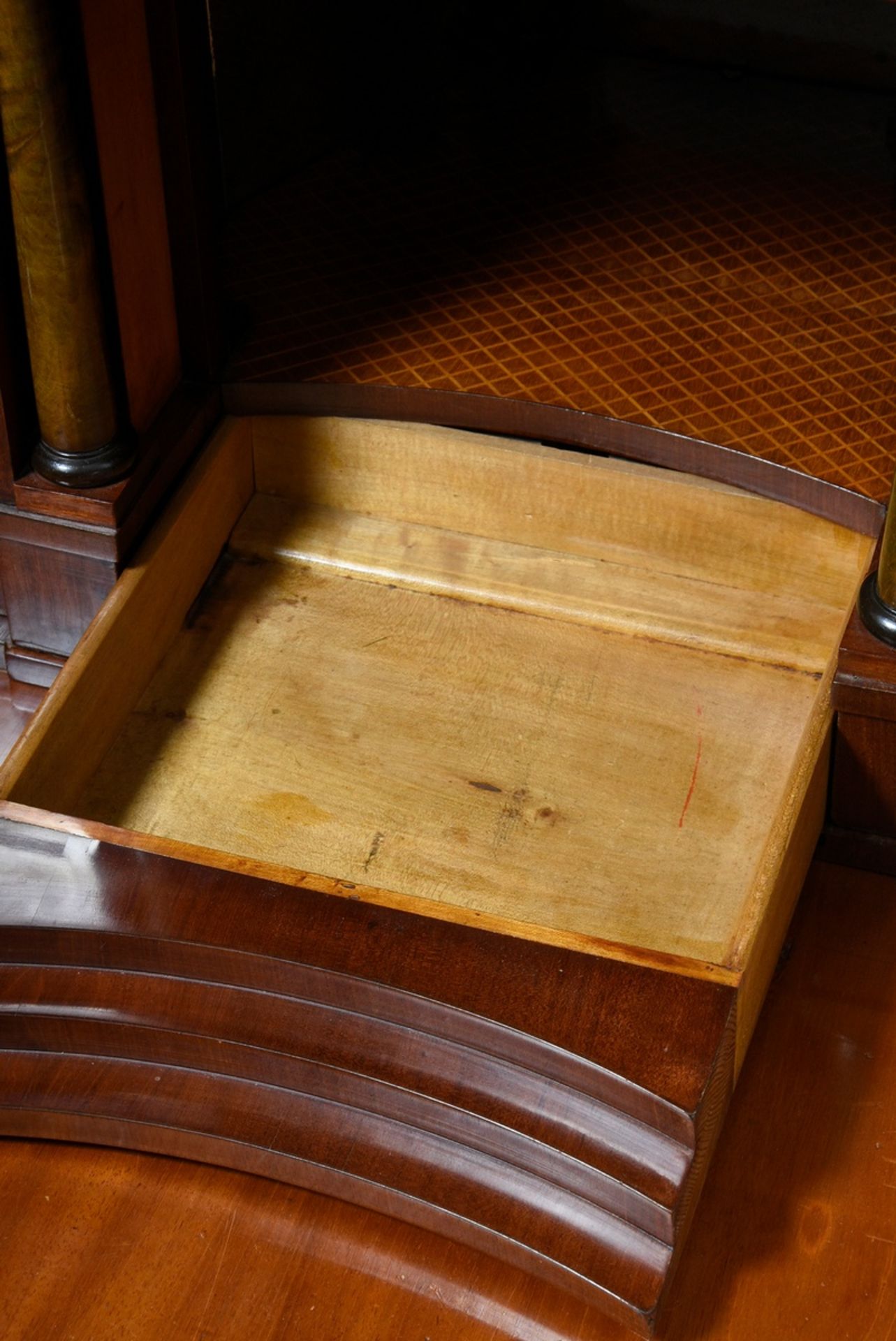 Conical Biedermeier writing cabinet with segmental arch in the writing flap, coffered drawers and d - Image 9 of 12