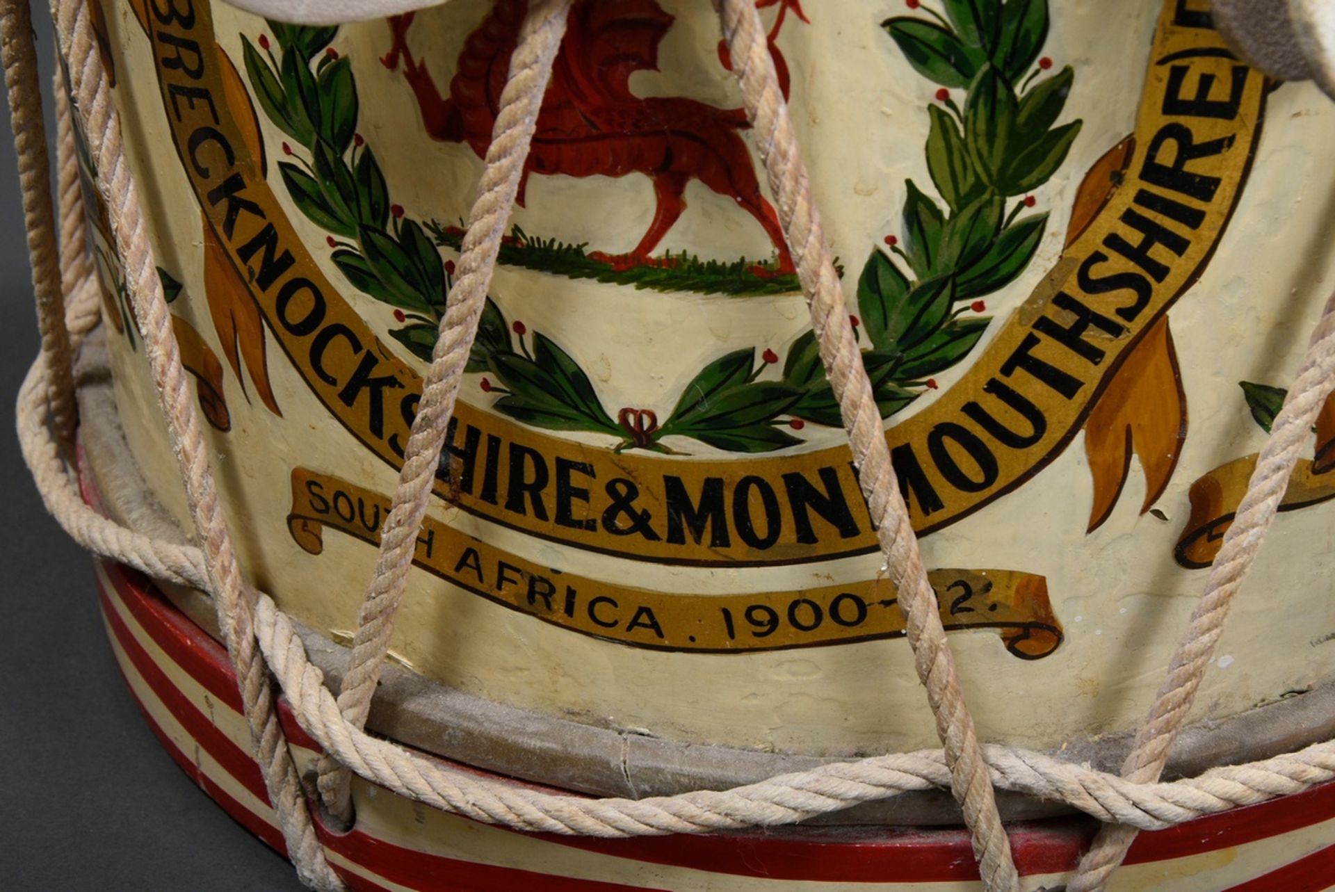 English regimental drum "The Monmouthshire Regiment", inscribed on the side: "Ypres 1915/17/18, Som - Image 3 of 6