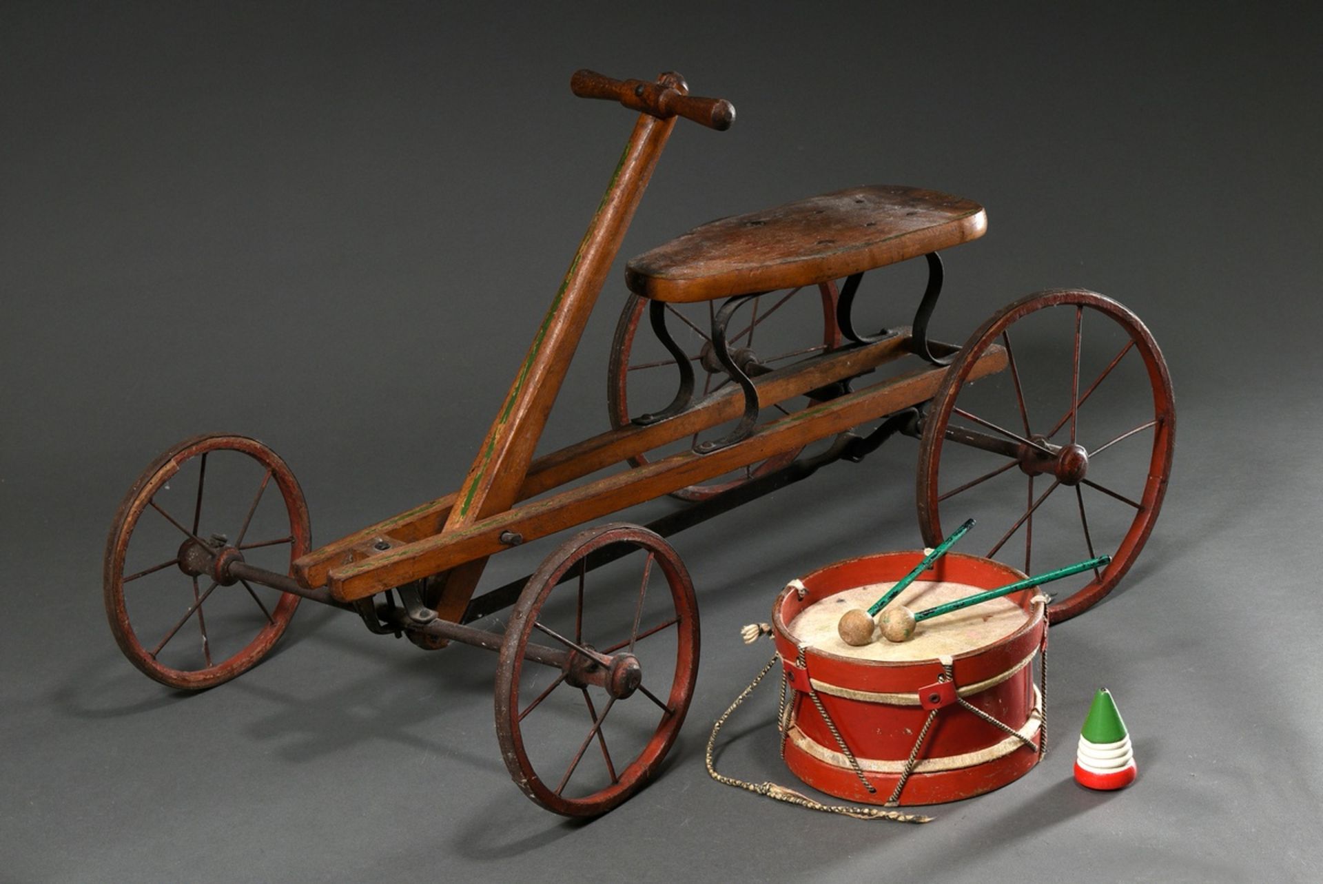 2 Various parts toys: old wooden/metal children's vehicle with hand drive (30x70cm) and children's 