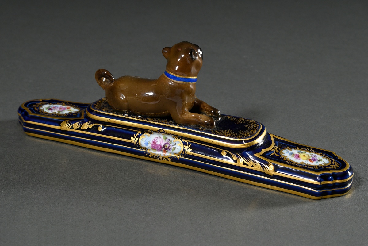 Meissen paperweight with figural attachment "Pug", finely painted Saxon view "Moritzburg" and "flow - Image 2 of 7